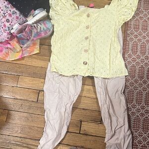 Yellow Eyelet Top and Beige Pants Set